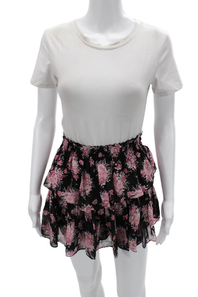 Love Shack Fancy Womens Peasant Mini Floral Silk Skirt Black Size XS
