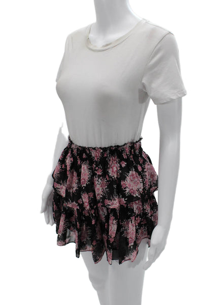 Love Shack Fancy Womens Peasant Mini Floral Silk Skirt Black Size XS