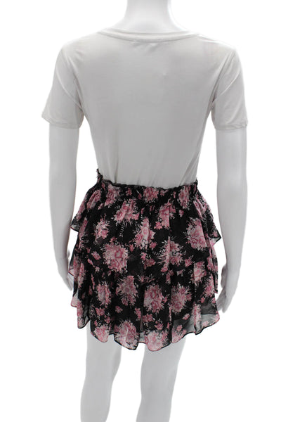 Love Shack Fancy Womens Peasant Mini Floral Silk Skirt Black Size XS