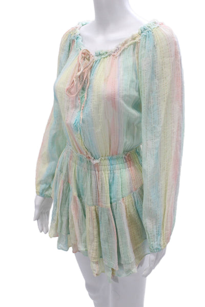 Love Shack Fancy Women Light Blue Silk Striped Long Sleeve Short Dress Size XS