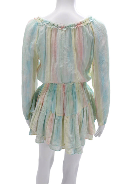 Love Shack Fancy Women Light Blue Silk Striped Long Sleeve Short Dress Size XS