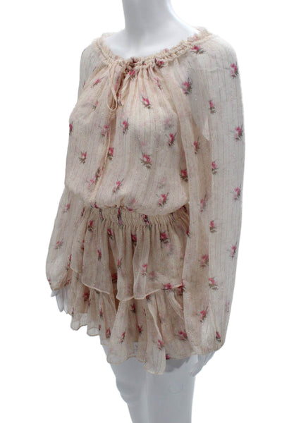Love Shack Fancy Womens Blouson Floral Beige Long Sleeve Silk Dress Size XS