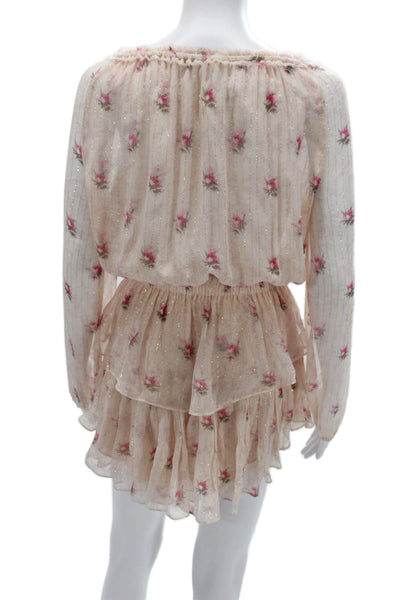 Love Shack Fancy Womens Blouson Floral Beige Long Sleeve Silk Dress Size XS