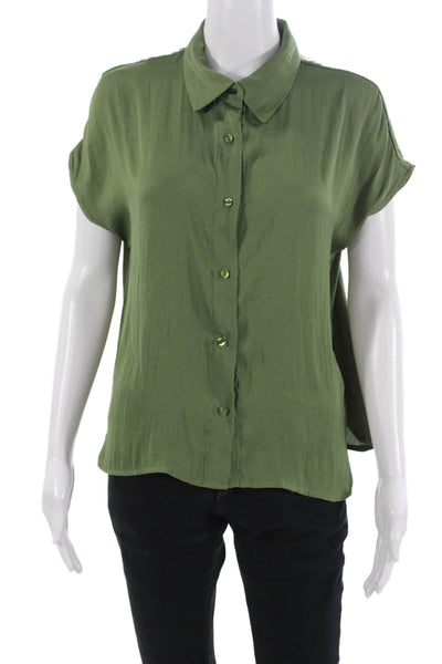 MNG Women Army Green Basic Collared Short Sleeve Button Up Blouse Size S