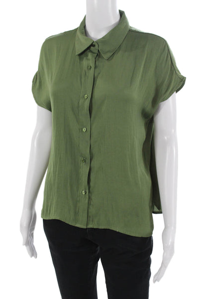MNG Women Army Green Basic Collared Short Sleeve Button Up Blouse Size S