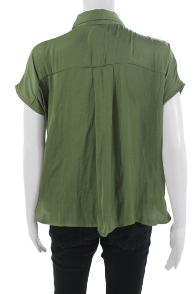 MNG Women Army Green Basic Collared Short Sleeve Button Up Blouse Size S