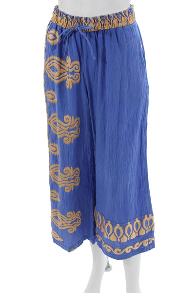 Nema Women Cropped Blue Geometric Drawstring Cotton Poly Pants Size M