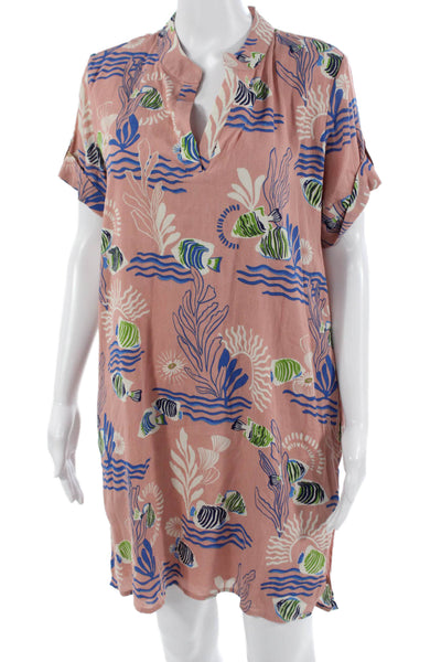 Tori Richard Womens Pink Graphic Print Shirt Dress Short Sleeve Size S