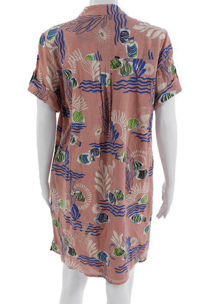 Tori Richard Womens Pink Graphic Print Shirt Dress Short Sleeve Size S