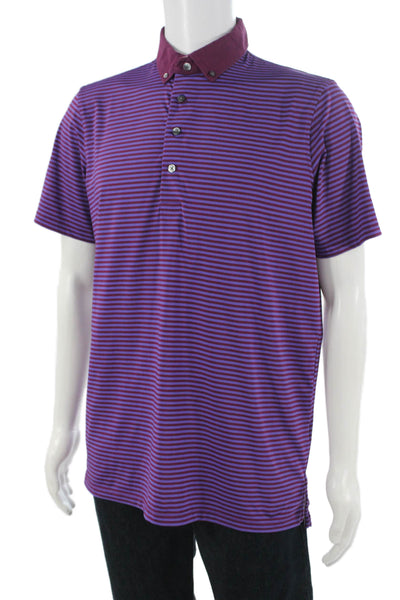 Greyson Mens Polo Button-Down Purple Striped Collared Short Sleeve Size M