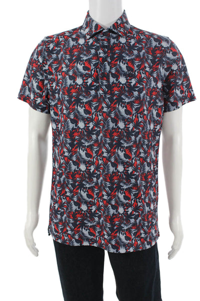 G/Fore Men Point Collar Short Sleeve Button Up Floral Shirt Dark Blue Size M