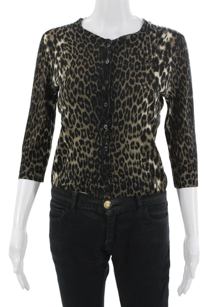 Elie Tahari Women Leopard Merino Wool 3/4sleeve Button-Up Black Crewneck Size M