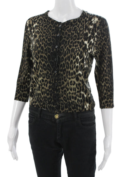 Elie Tahari Women Leopard Merino Wool 3/4sleeve Button-Up Black Crewneck Size M