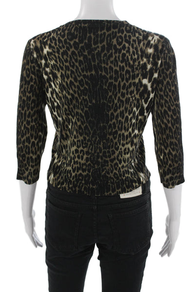 Elie Tahari Women Leopard Merino Wool 3/4sleeve Button-Up Black Crewneck Size M