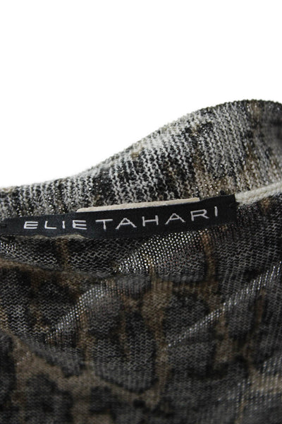Elie Tahari Women Leopard Merino Wool 3/4sleeve Button-Up Black Crewneck Size M