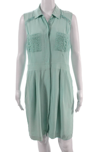 Club Monaco Women Green Silk Collared Sleeveless Shirt Dress Long Button Size S