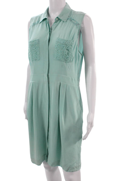 Club Monaco Women Green Silk Collared Sleeveless Shirt Dress Long Button Size S