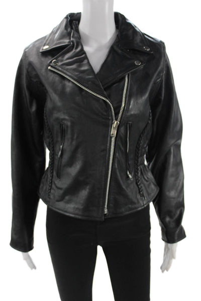 Unik Premium Women Biker Jacket Black Zip Collared Long Sleeve Size S