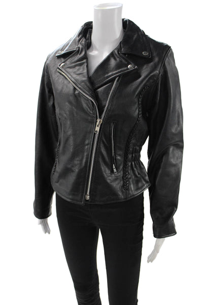 Unik Premium Women Biker Jacket Black Zip Collared Long Sleeve Size S