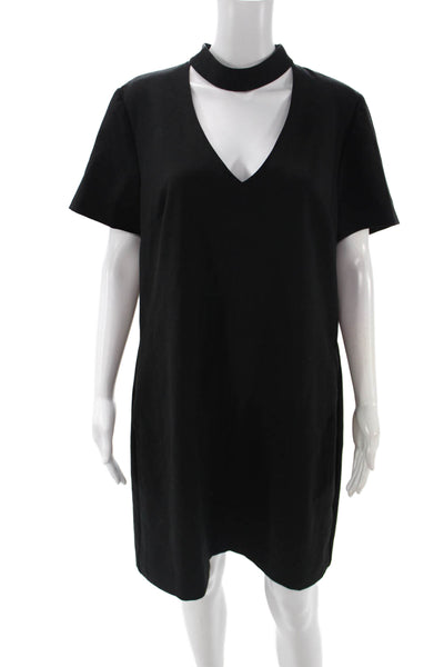 Trina Turk Women Black V Neck Shift Dress Short Sleeve Zip Size 12