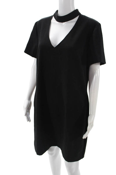 Trina Turk Women Black V Neck Shift Dress Short Sleeve Zip Size 12