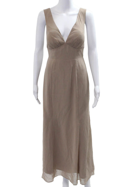 Azazie Womens Beige V Neck Sleeveless Maxi Slip Dress Tie Waist Size 4