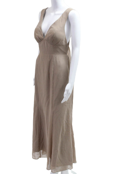 Azazie Womens Beige V Neck Sleeveless Maxi Slip Dress Tie Waist Size 4