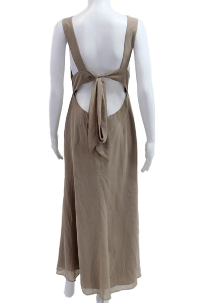 Azazie Womens Beige V Neck Sleeveless Maxi Slip Dress Tie Waist Size 4
