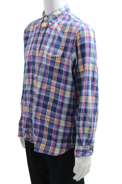 Ralph Lauren Blue Label Men Button-Down Blue Plaid Cotton Blend Shirt Size L