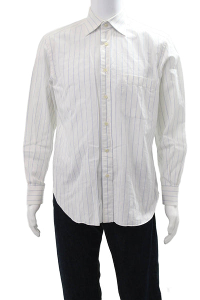 Ermenegildo Zegna Mens Striped Long Sleeve Button-Down Shirt White Size M