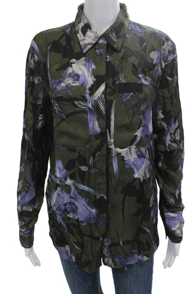 Allsaints Women Black Floral Collared Button-Up Long Sleeve Viscose Size S