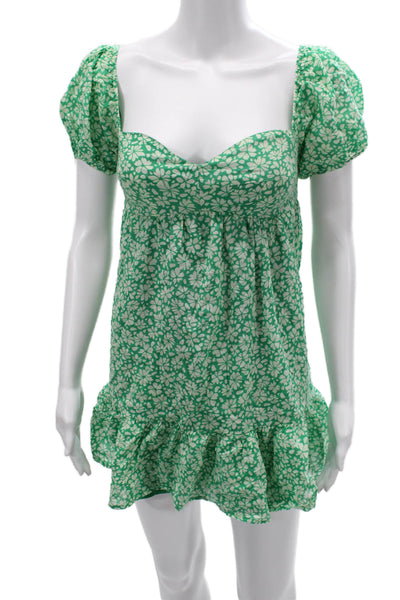 Sky to Moon Womens Green Floral Sundress Square Neck Short Sleeve Cotton Size S