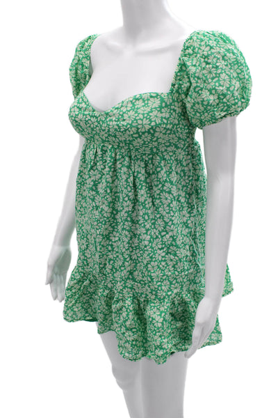 Sky to Moon Womens Green Floral Sundress Square Neck Short Sleeve Cotton Size S