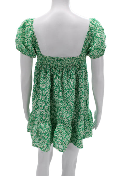 Sky to Moon Womens Green Floral Sundress Square Neck Short Sleeve Cotton Size S