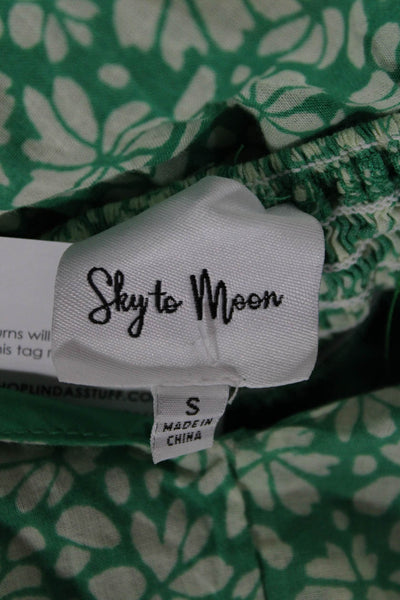 Sky to Moon Womens Green Floral Sundress Square Neck Short Sleeve Cotton Size S