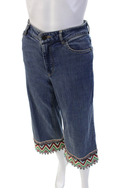 Alice + Olivia Women Cropped Wide Leg Jeans Blue Mid Rise Button Aztec Size 24