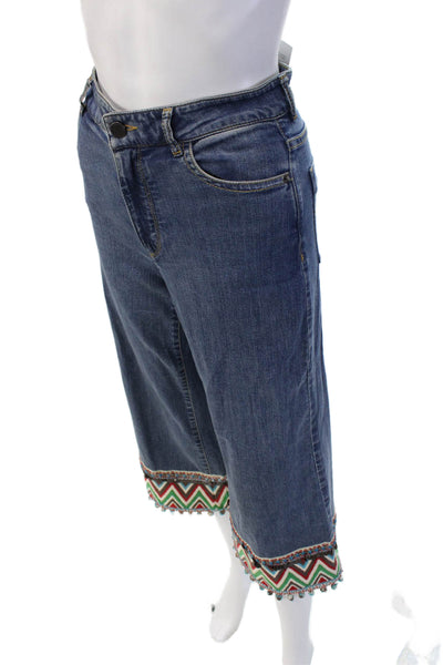 Alice + Olivia Women Cropped Wide Leg Jeans Blue Mid Rise Button Aztec Size 24