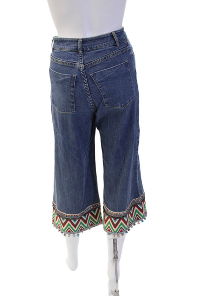 Alice + Olivia Women Cropped Wide Leg Jeans Blue Mid Rise Button Aztec Size 24