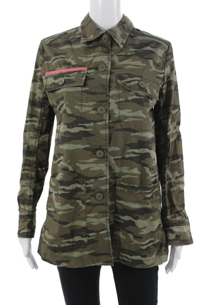 Caslon Women Military Jacket Green Camouflage Cotton Button Long Sleeve Size S