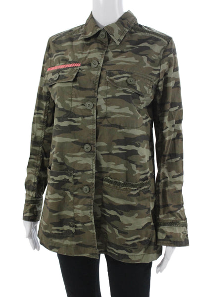Caslon Women Military Jacket Green Camouflage Cotton Button Long Sleeve Size S