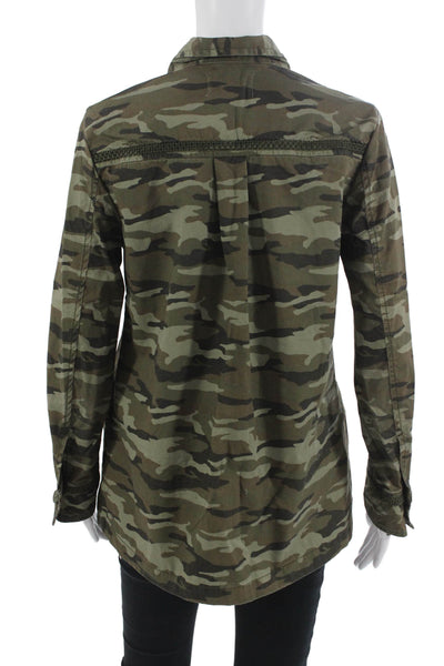 Caslon Women Military Jacket Green Camouflage Cotton Button Long Sleeve Size S