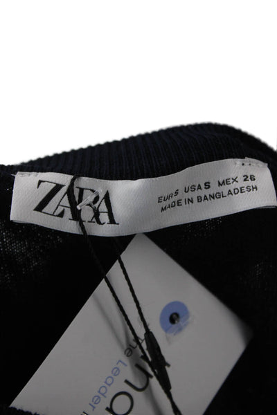 Zara Mens Pullover Sweater Dark Blue Striped Crew Neck Size S