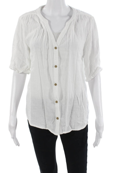 Beach Lunch Lounge Women White V-Neck Button-Up Blouse Short Sleeve Size S