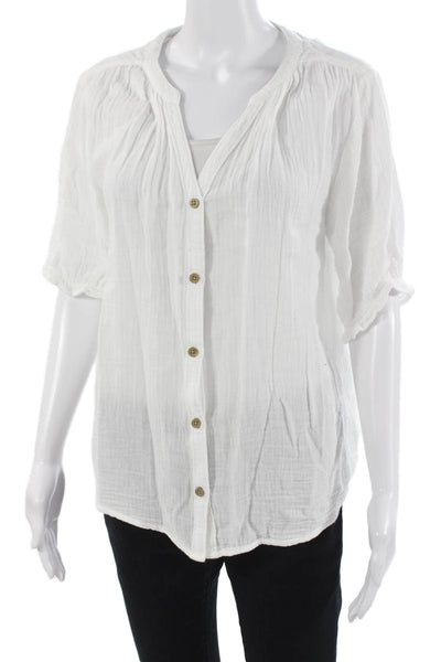 Beach Lunch Lounge Women White V-Neck Button-Up Blouse Short Sleeve Size S