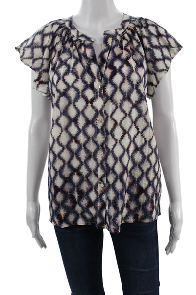 Rails Women Geometric V Neck Button Up Short Sleeve Blouse White Size M