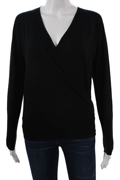Kinross Cashmere Women Black Silk Cashmere V-Neck Long Sleeve Top Size S