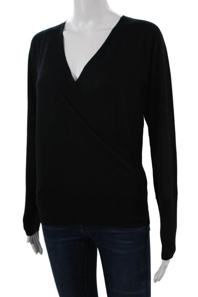 Kinross Cashmere Women Black Silk Cashmere V-Neck Long Sleeve Top Size S