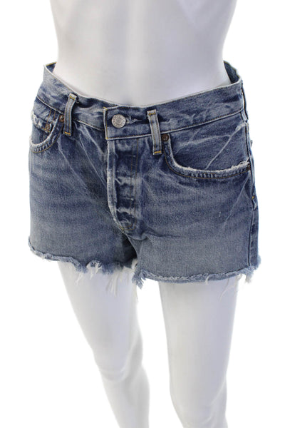 Agolde Unisex Solid Blue 100% Cotton 90s Button Shorts Size 25