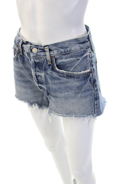 Agolde Unisex Solid Blue 100% Cotton 90s Button Shorts Size 25