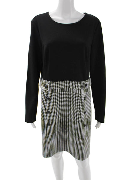 DKNY Women Sheath Dress Black Check Long Sleeve Knee Length Round Neck Size 14